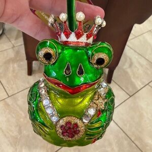 Bejeweled Green Frog Prince Ornament - Decorative Hanging Accent